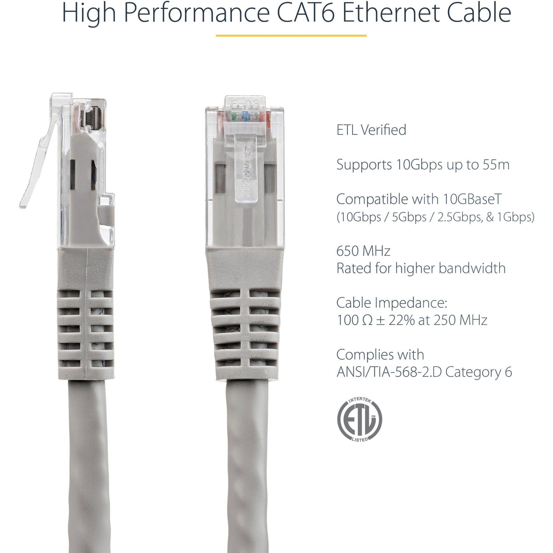 Marca: StarTech.com Cable de conexión UTP Cat6 de 3 pies en gris verificado por ETL Velocidad de transferencia de datos de 10 Gbit/s Conectores chapados en oro