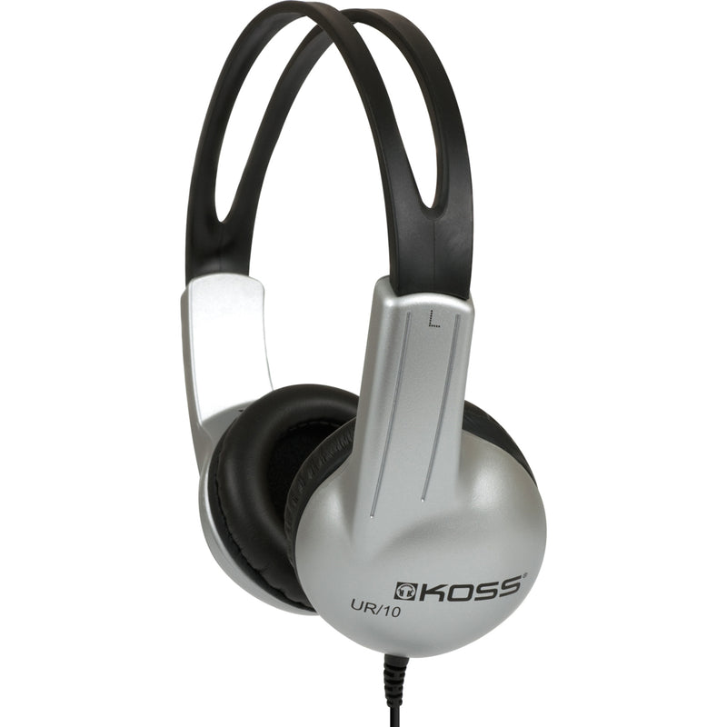 Close-up view of Koss UR10 headphones showing detailed silver finish and adjustable headband mechanism