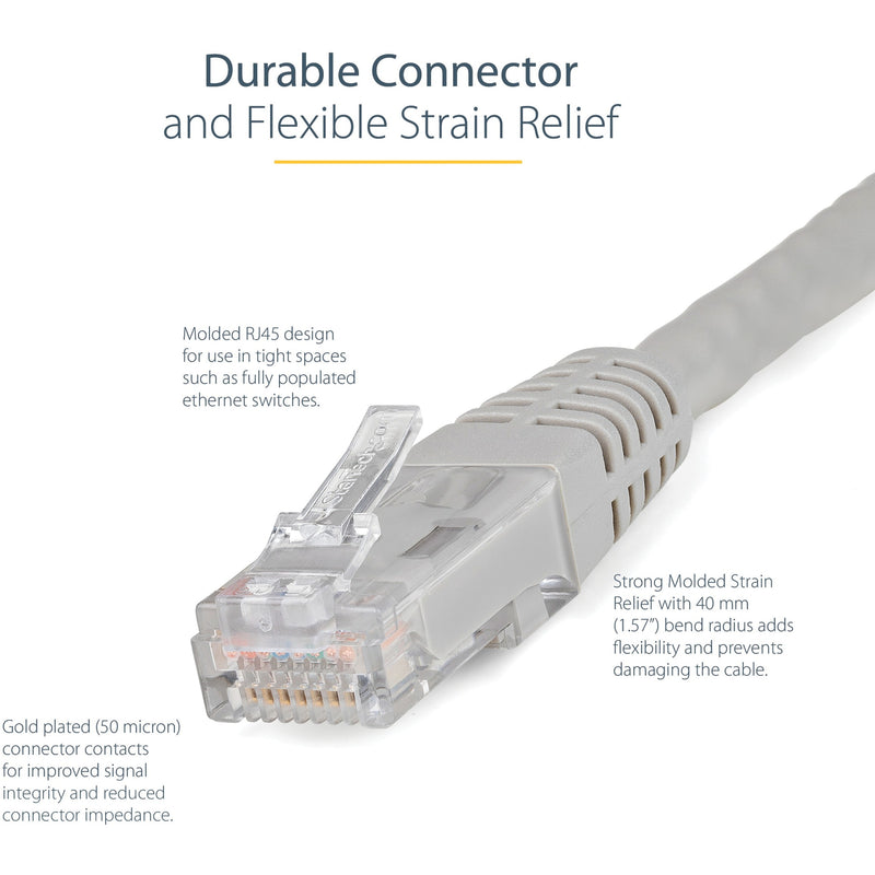 Detailed view of StarTech.com Cat6 cable connector showing strain relief and gold-plated contacts