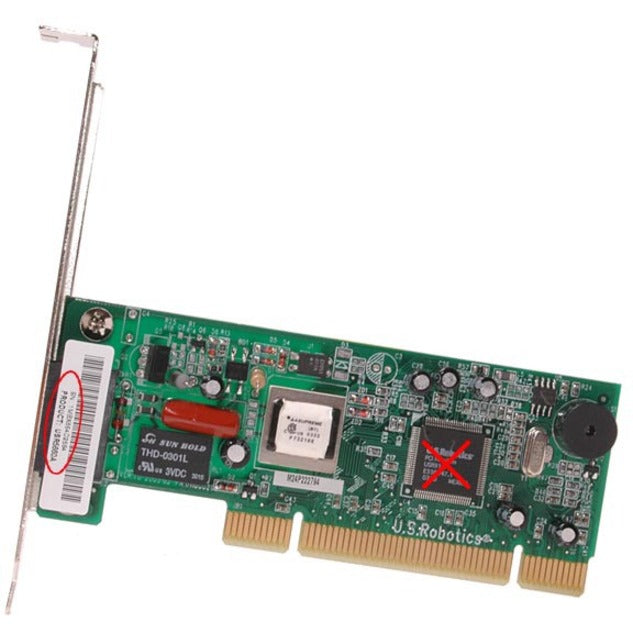 Top view of USRobotics USR5670 56K faxmodem PCI card showing green circuit board with integrated components