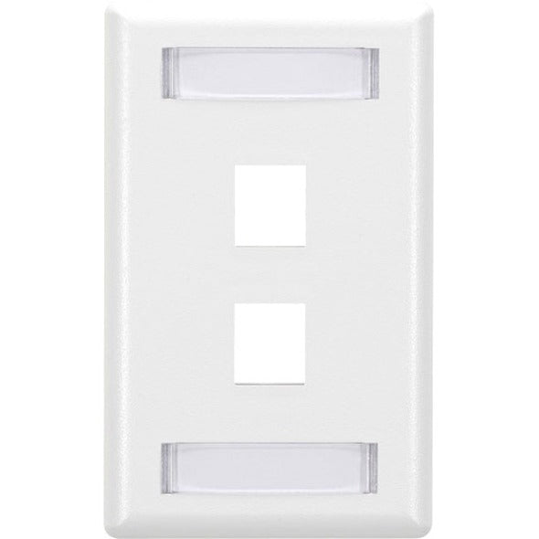 White dual-port network faceplate with vertical port orientation and integrated label windows