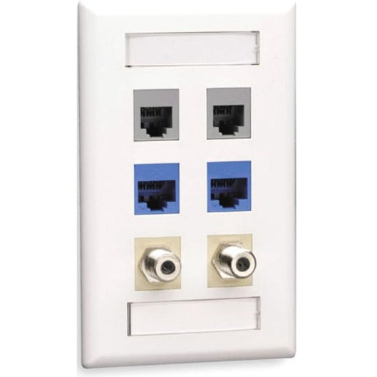 White GigaStation2 network faceplate with six vertical ports - two gray RJ45 ports, two blue RJ45 ports, and two beige coaxial ports, featuring label windows