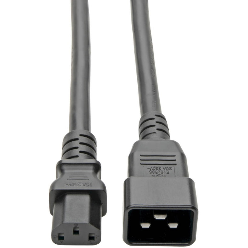 Close-up view of C20 and C13 connectors on Tripp Lite P032-007 power cord showing heavy-duty construction