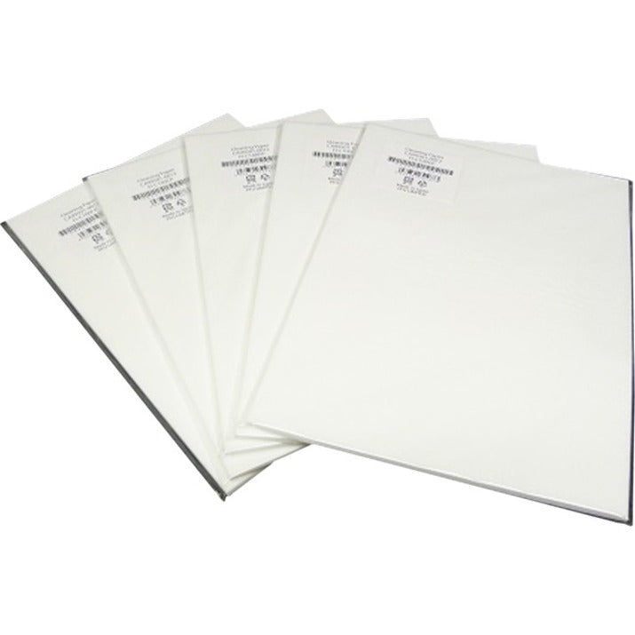 Fan display of white Fujitsu scanner cleaning sheets showing product details and specifications printed on each sheet