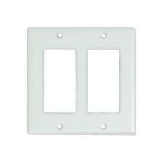 White dual-gang Decora-style wall plate with two rectangular openings and mounting holes-alternate-image1