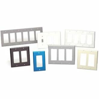 Collection of Leviton Decora-style faceplates displayed in various colors including black, white, gray, blue, and almond-alternate-image1