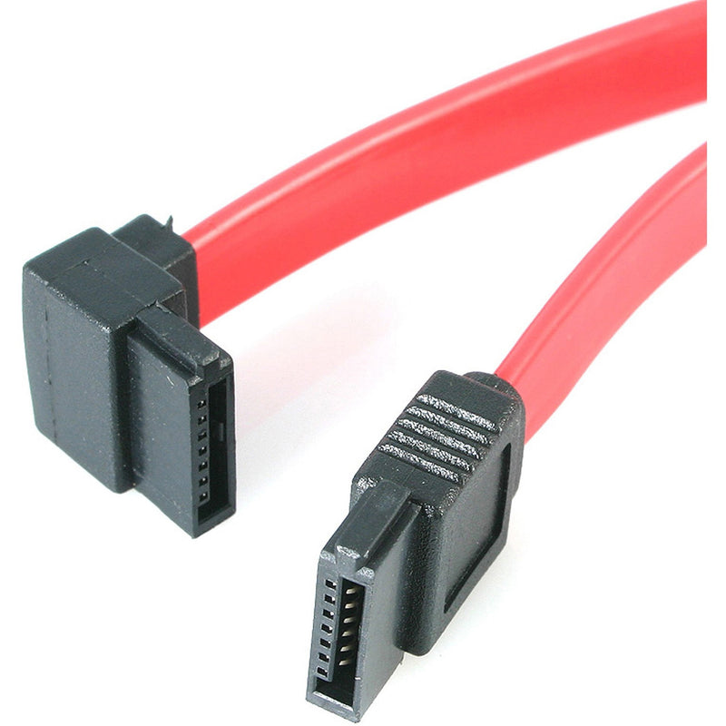 StarTech.com 18-inch SATA cable with red jacket and black left-angled connector showing 90-degree bend design