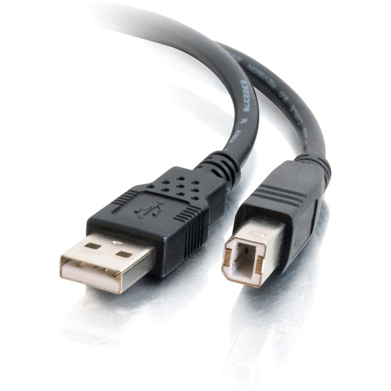 Close-up view of USB Type A and Type B connectors on C2G black USB cable