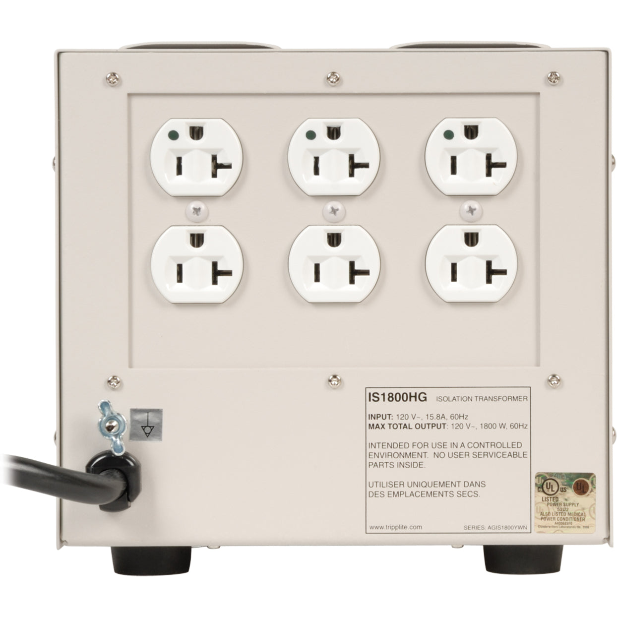 Tripp Lite Isolator IS1800HG 6 outlets Transformer, Hospital Grade Outlets, 20A Circuit Breaker, UL/cUL Certified