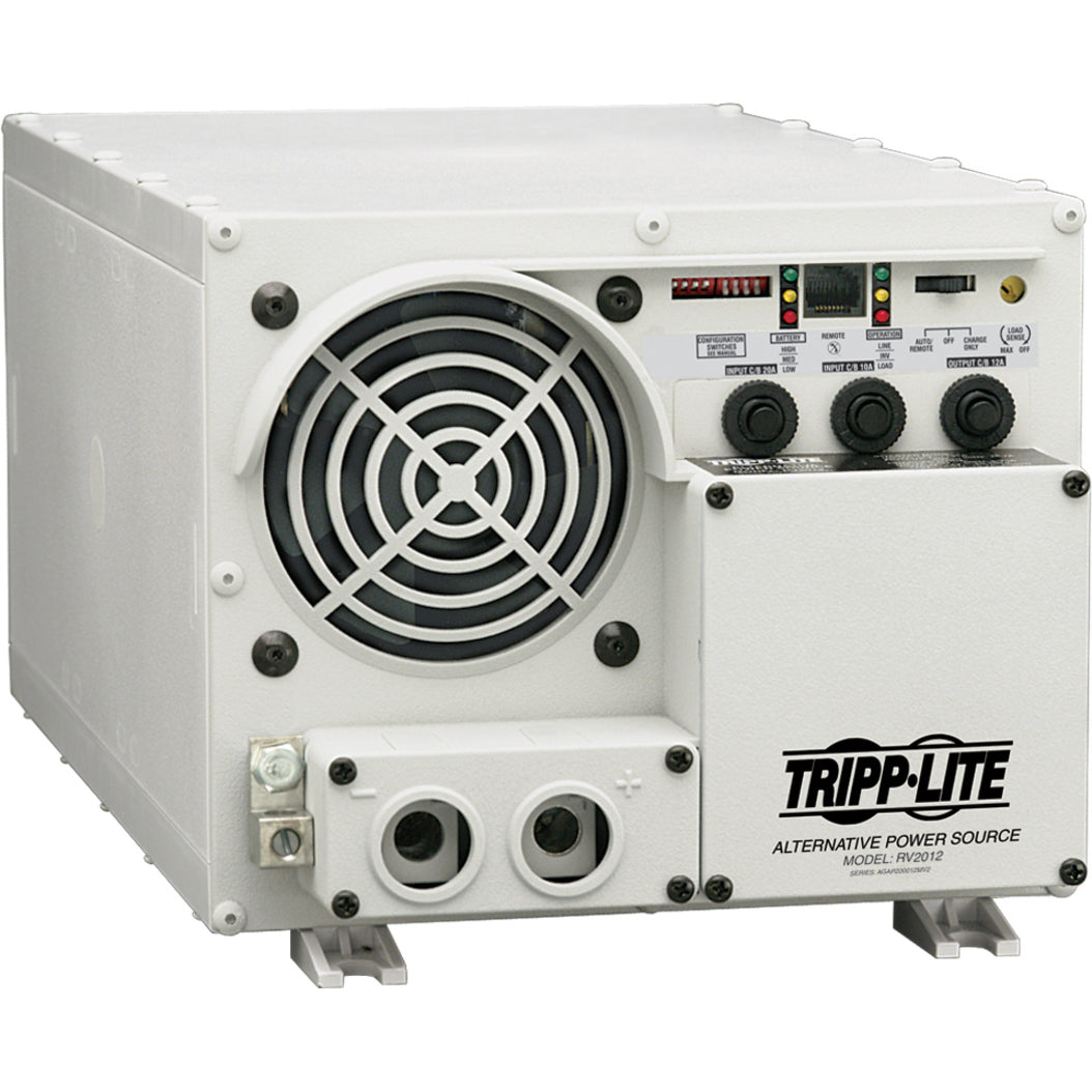 Front view of Tripp Lite RV1512UL power inverter showing cooling fan, control panel, and connection ports-alternate-image1