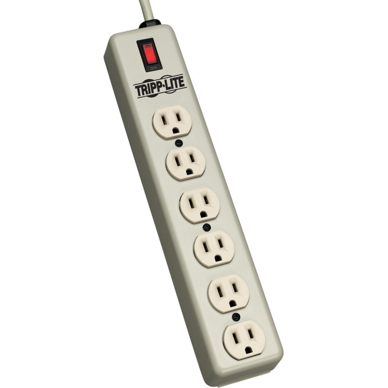 Tripp Lite 6SPDX metal power strip showing six evenly spaced outlets with illuminated power switch