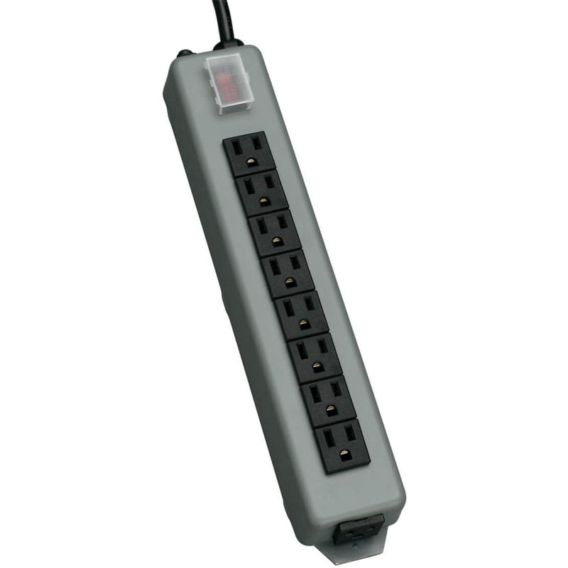 Tripp Lite Waber UL17CB-15 power strip showing 9 NEMA 5-15R outlets, illuminated switch with guard, and blue-gray metal housing