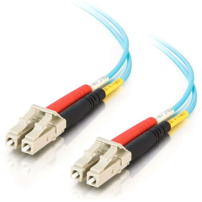 Close-up view of LC duplex fiber optic connectors with aqua cable and color-coded strain relief boots