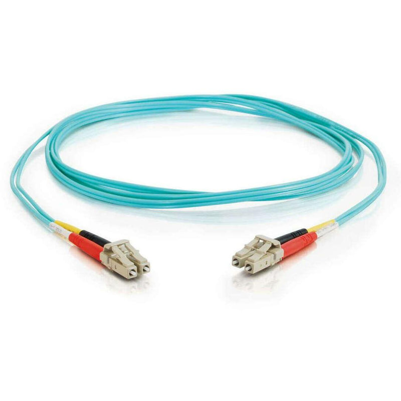 Full length view of aqua OM3 fiber cable with LC connectors on both ends