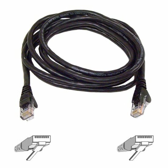 Black Belkin Cat6 network cable with RJ-45 connectors and technical diagram showing connector pinout