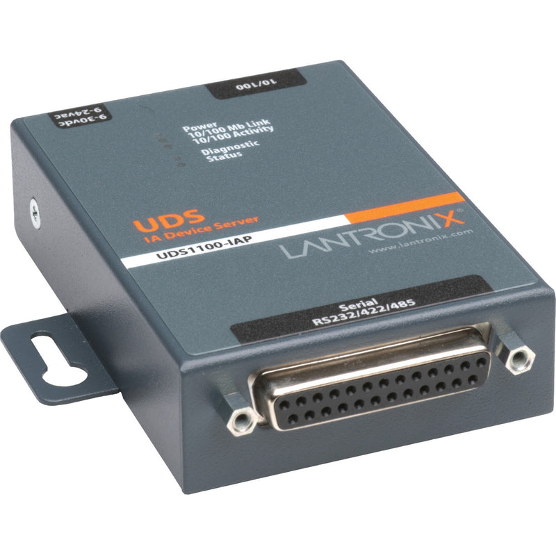 Lantronix UDS1100-IAP industrial device server showing serial port interface and status indicators with wall-mounting capability