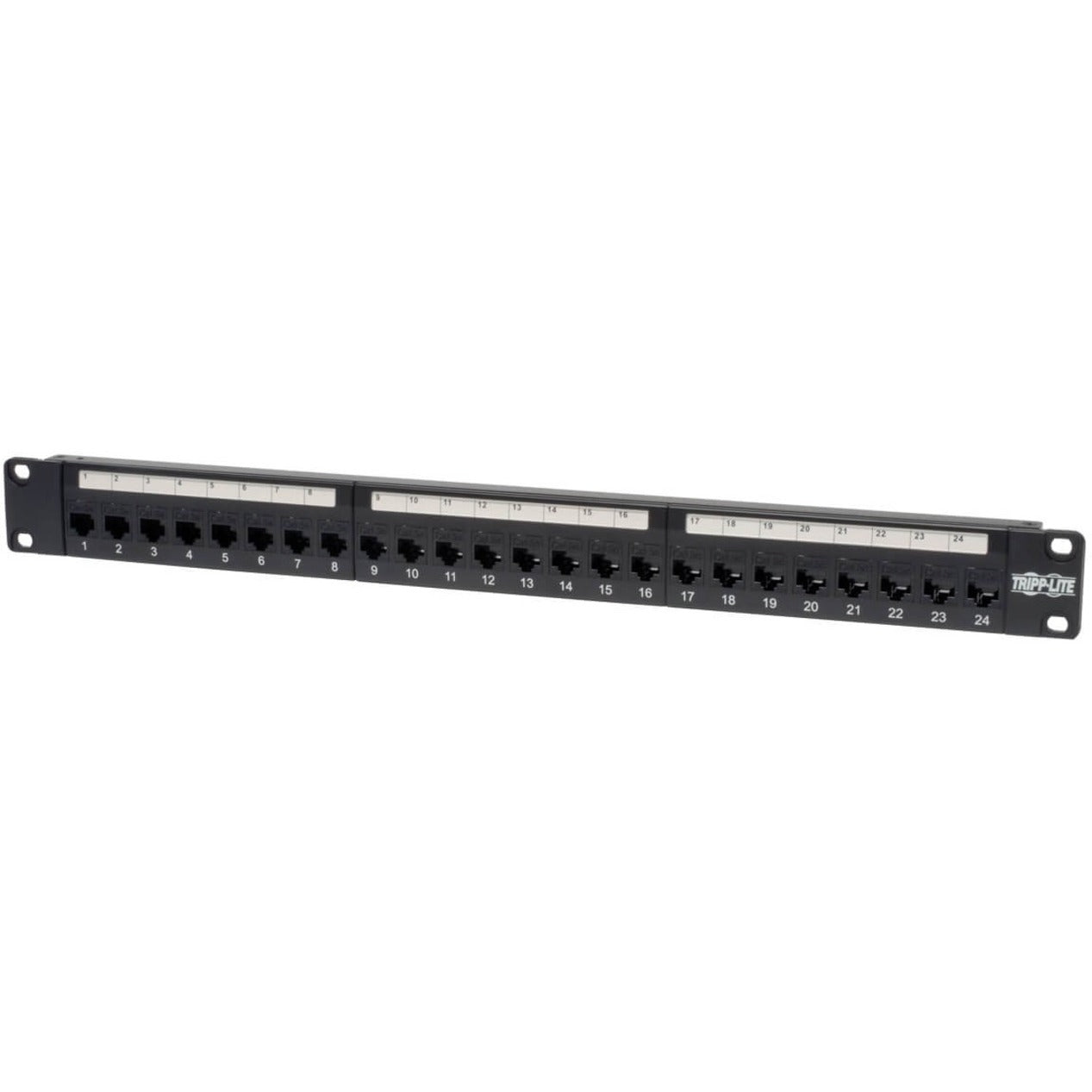 Front view of Tripp Lite N054-024 24-port Cat5e patch panel with numbered ports and feed-through connections-alternate-image1