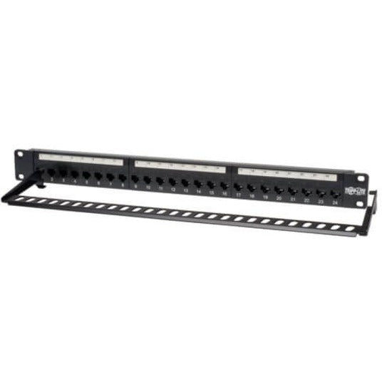 Angled view of Tripp Lite N054-024 patch panel showing integrated cable management bar-alternate-image4