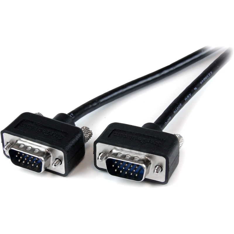 Close-up view of two slim black VGA connectors with HD-15 pins connected by thin black cable