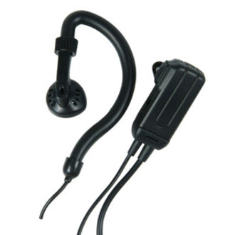 Black Midland AVP-H4 earset showing curved earbud design and attached lapel microphone with push-to-talk control module-alternate-image1