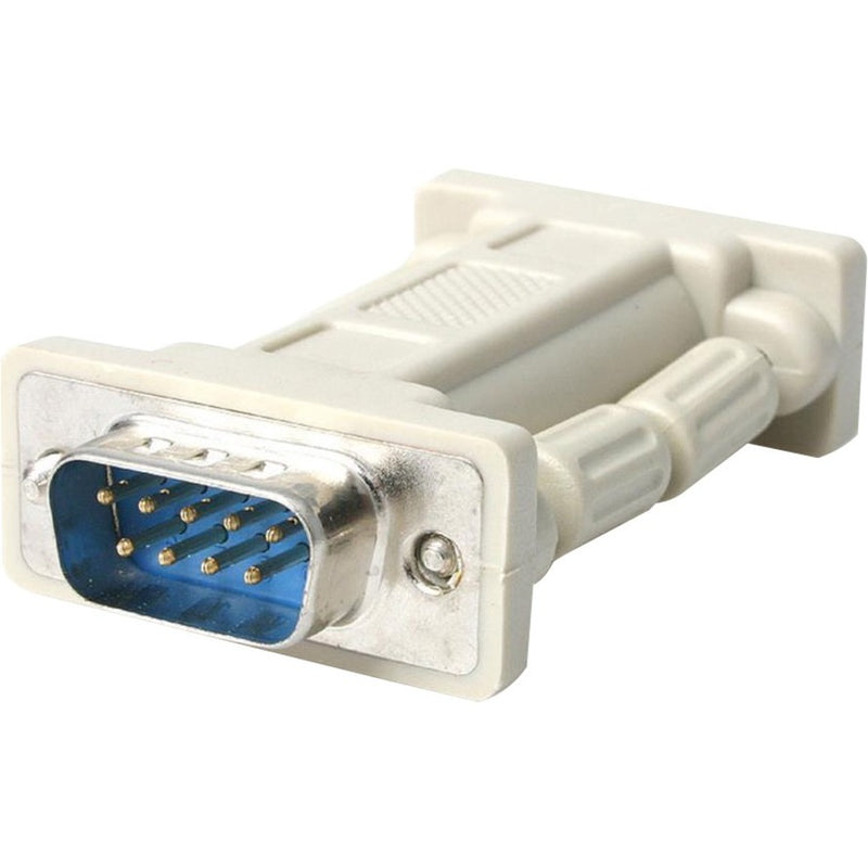 StarTech.com DB9 Serial Null Modem Adapter showing male and female connectors with metallic pins and beige housing