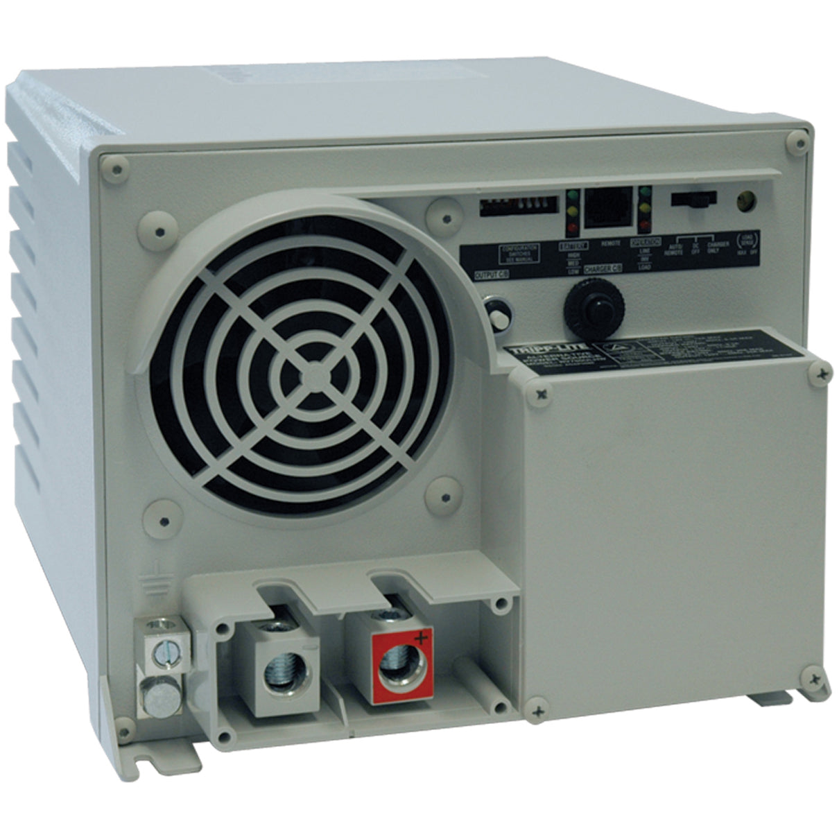 Rear view of Tripp Lite RV750ULHW power inverter showing cooling fan, connection terminals, and control panel-alternate-image1