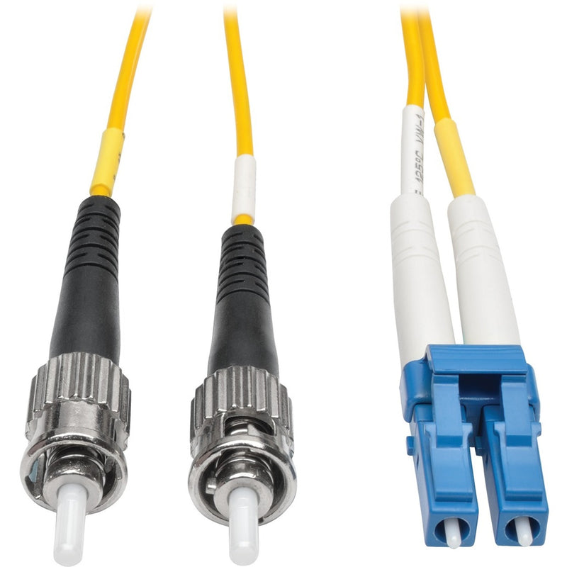 Close-up view of LC and ST connectors on yellow singlemode fiber optic patch cable showing connector design and strain relief