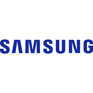 Samsung corporate logo in blue letters against white background